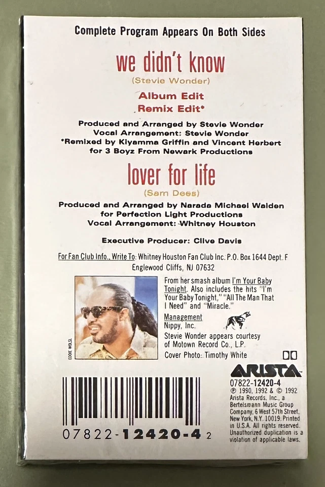 Whitney Houston & Stevie Wonder We Didn’t Know 1992 Cassette Single - Image 2 of 4