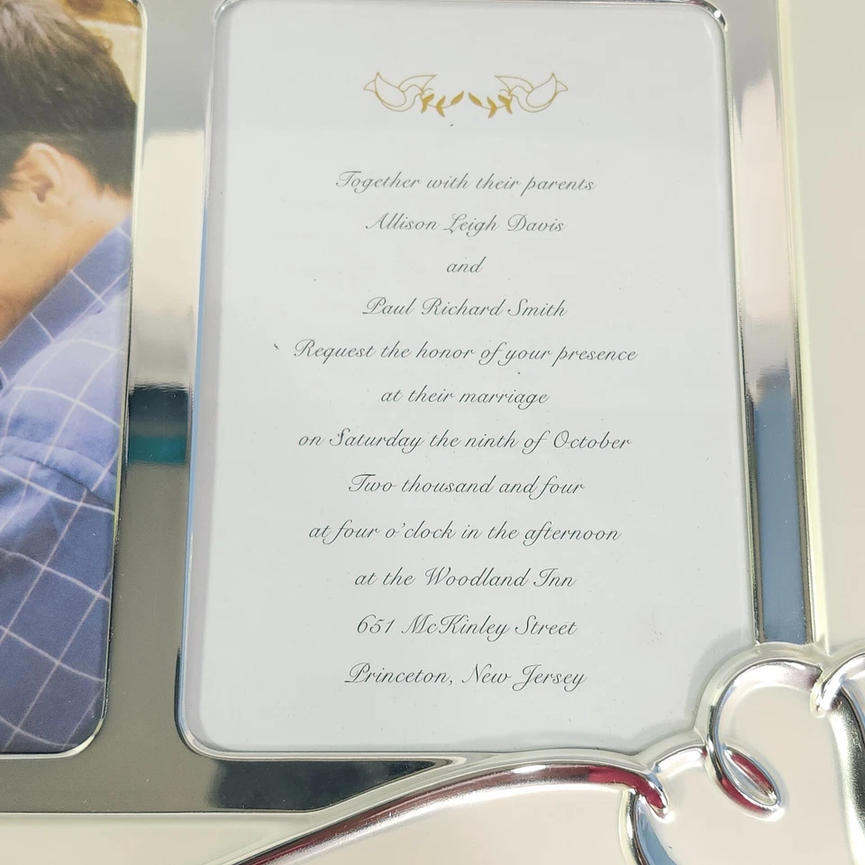 "Invitación de boda Lenox Forevermore 5x7"" marco doble blanco perla plateado" Foto 3 de 4