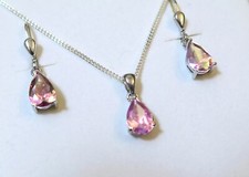 925 ECHT SILBER RHODINIERT 💧 Zirkonia rosa Tropfen Set Anhänger Ohrringe Kette