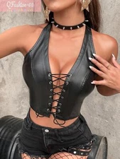 Sexy Lace Up Front Backless PU Leather Black Halter Top Party Clubwear Biker