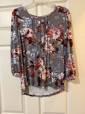 Daniel Rainn Sz Medium 3/4 Sleeve Gray Red Floral Rayon Stretch Top EUC