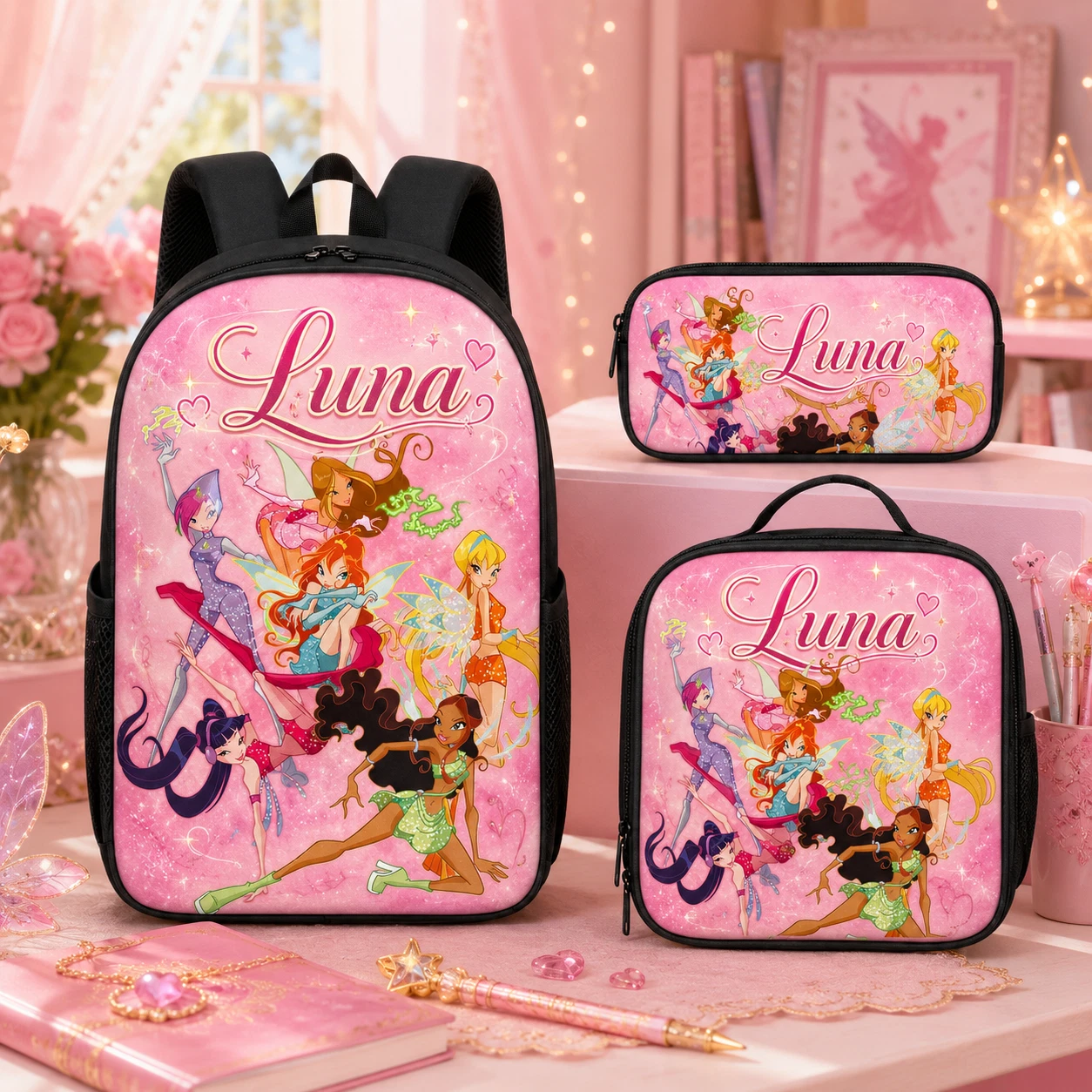 Personalized Pink Fairy 3Pcs Backpack Set Kids Lunch Bag Pencil Case