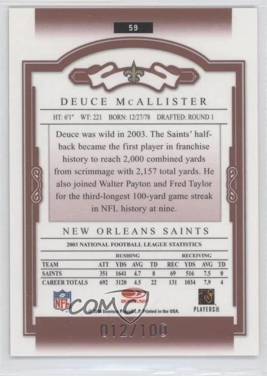2004 Donruss Classics Timeless Tributes Red /100 Deuce McAllister #59 - Image 2 of 2