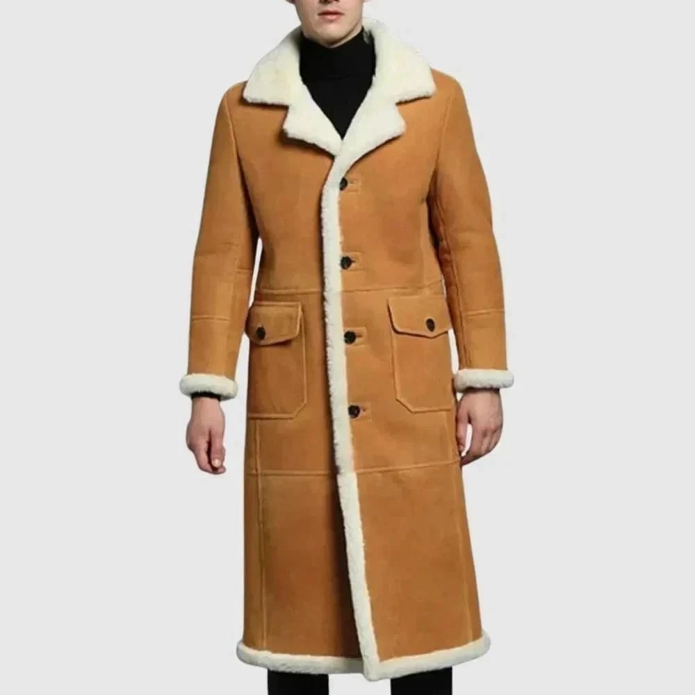 Men's Shearling Jacket Winter Windbreaker Long Warm Coat