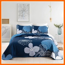 Floral Quilts Set King Size, 3Pcs Boho Bedding Set, Navy Blue