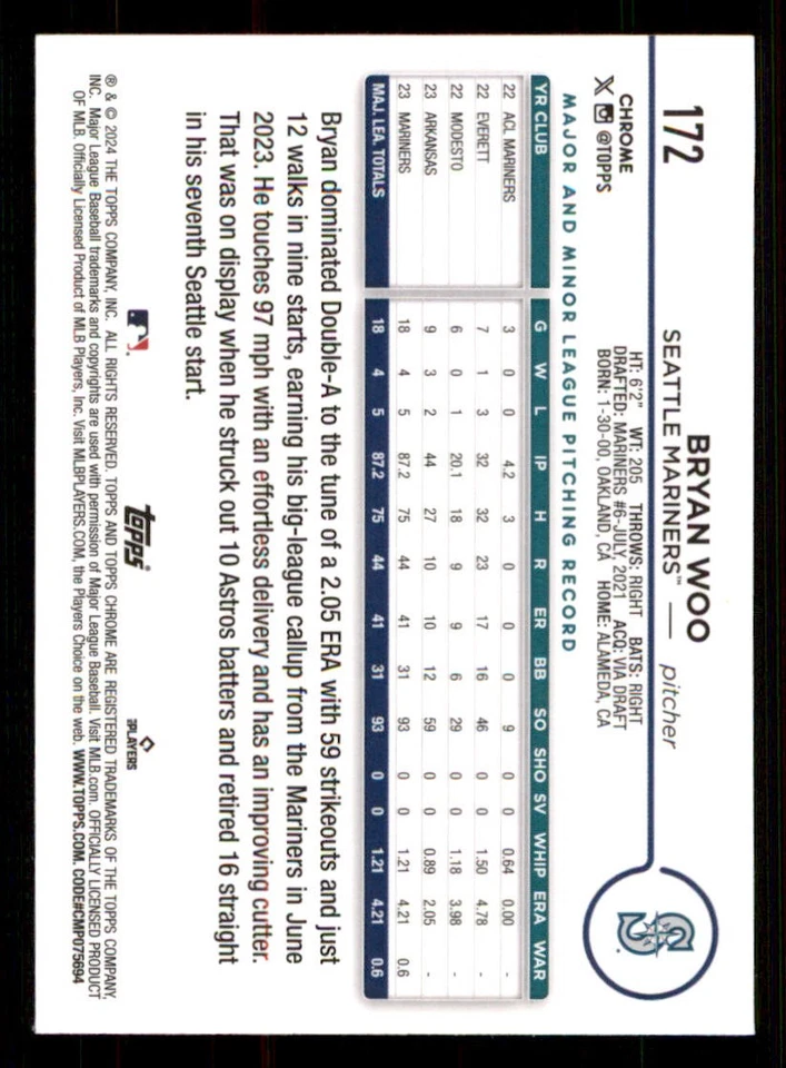 2024 Topps Chrome #172 Bryan Woo RC - Image 2 of 2