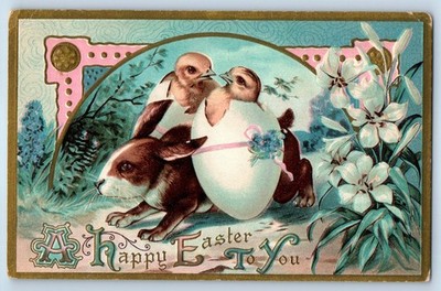 c1910's Easter Rabbit Carried Hatched Eggs Chicks Flowers Embossed Postcard