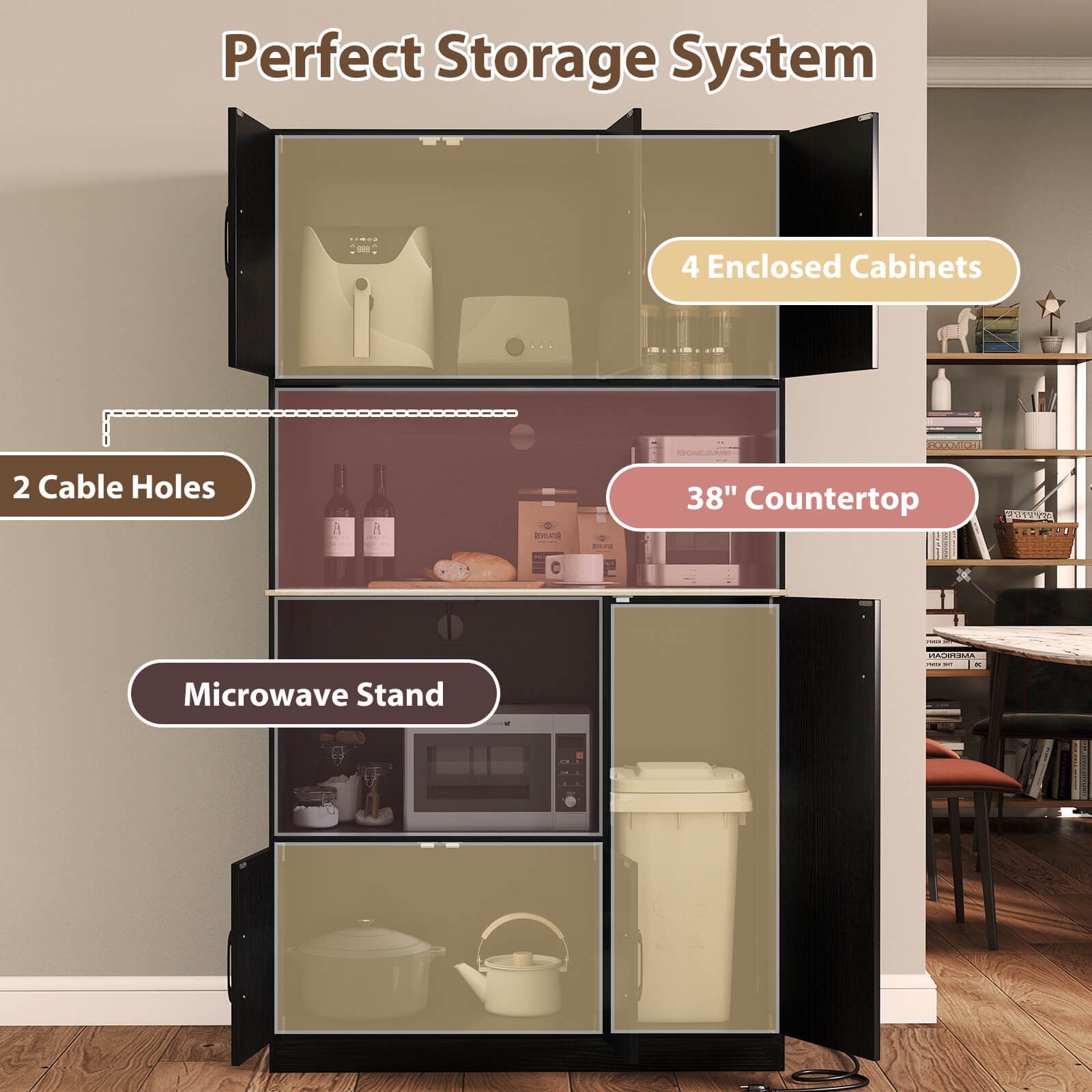 71" Tall Kitchen Pantry Cabinet with Charging Station Microwave Stand & Doors
