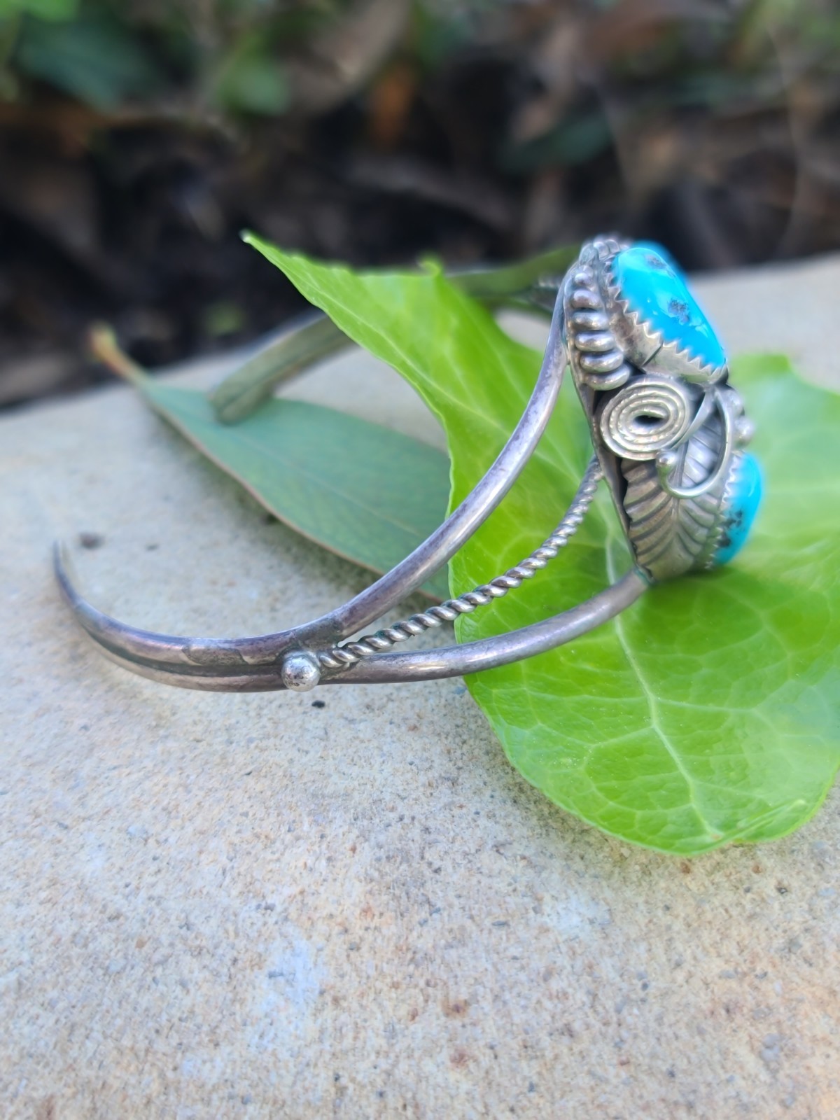 Vtg Native Solid Sterling Silver Turquoise Cuff B… - image 3