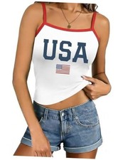 USA Tank Tops Women 4th of July Sleeveless Patriotic Straps Crop Medium White