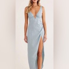 DressesRevolve NEW Rumer The Label Luella Maxi Linen Dress Blue Slit Size medium
