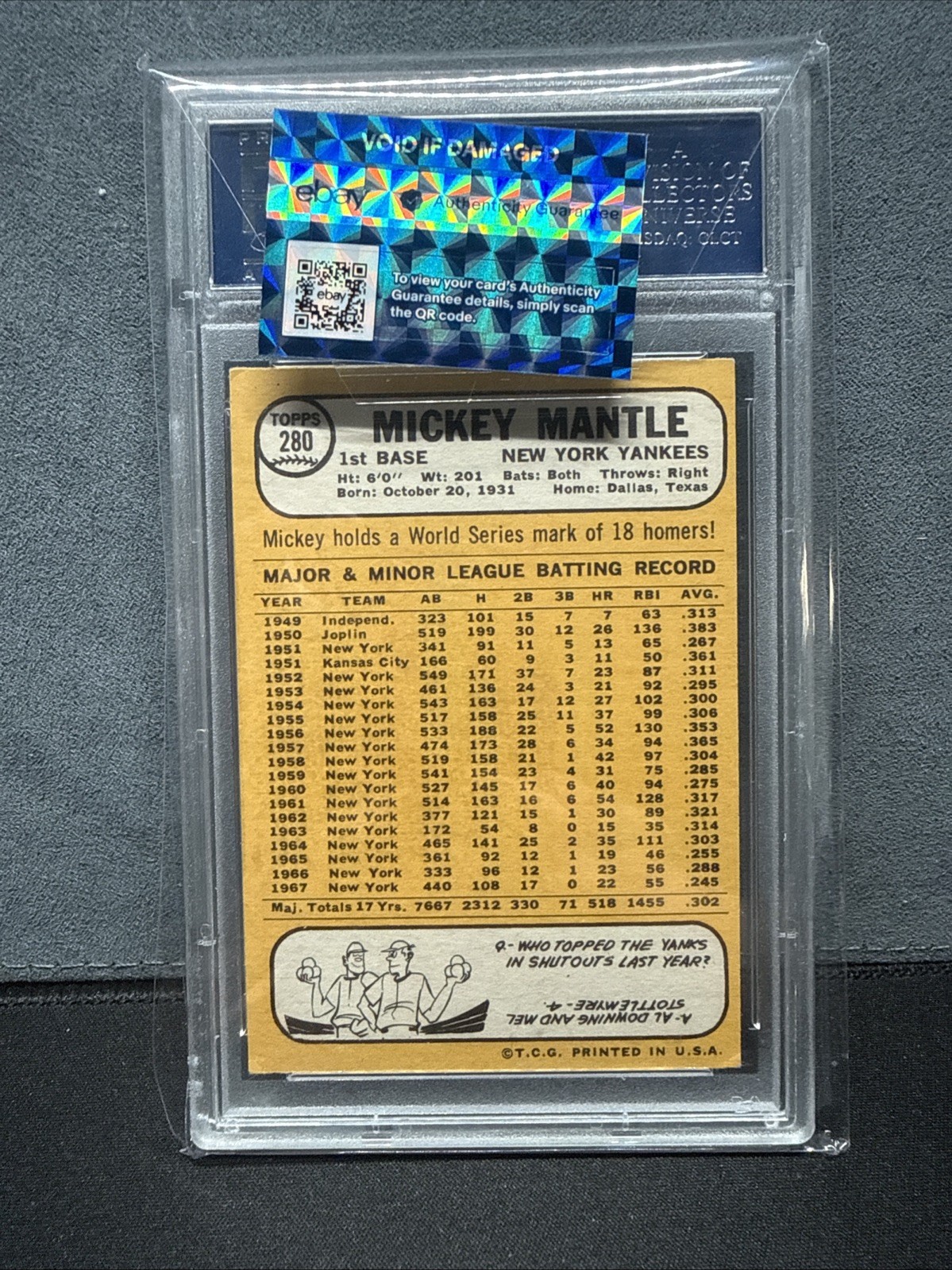 1968 Topps - Mickey Mantle #280 view 2