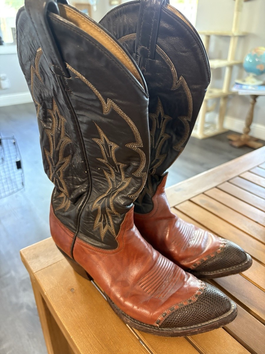 Vintage Tony Lama Boots 6951 Men's Black Brown Lizard Tip Western