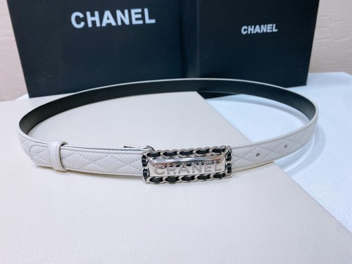 chanel leather belt white size 90cm silver logo design engraved with box used