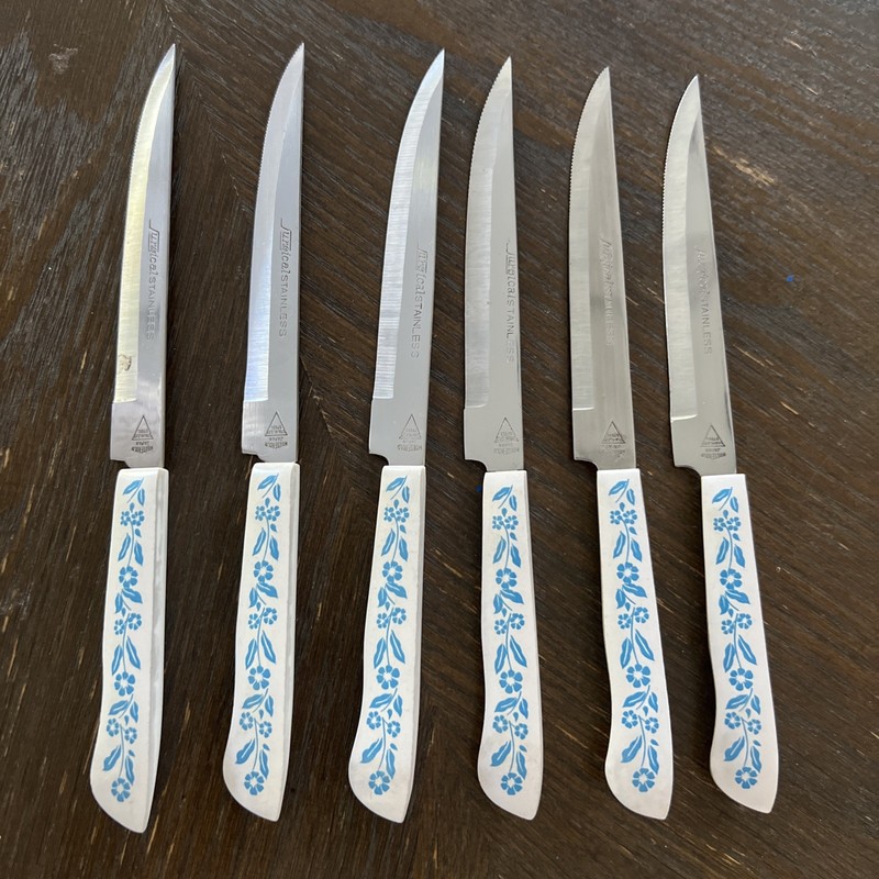 Set of 6 Surgical Stainless Steel Melamine Blue Cornflower Corning Wear Knives