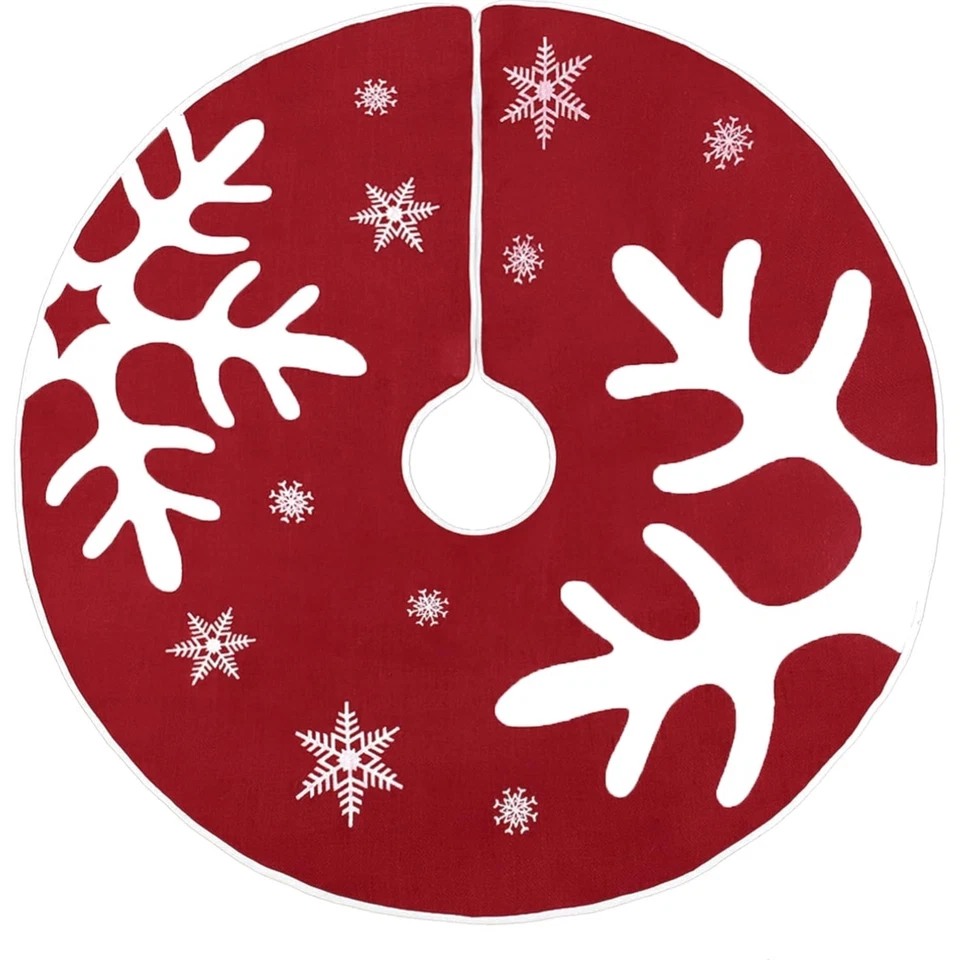 Weihnachtsbaumdecke Rot 76cm rund Leinen Schneeflocken Geweih Christbaumschmuck