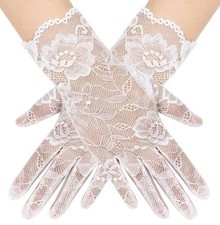 Women's Short Lace Floral Gloves Sheer Mesh Tulle Wrist Length Wedding Ivory 04