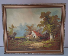 Vintage Oil Painting Signed Remda Cottage Landscape Scene Framed Art Country