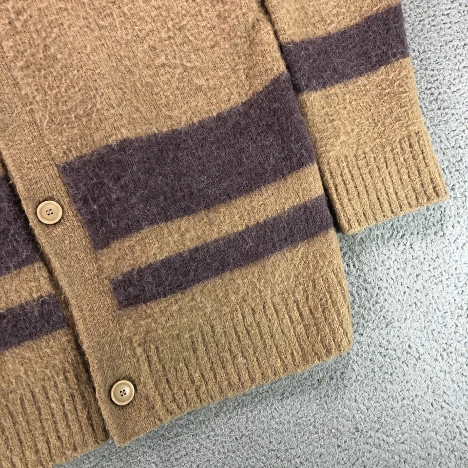 Suéter Zara Para Hombres L-XL Marrón Cárdigan Rayas Difuso Peludo Cuello en V Abuelo Foto 3 de 4