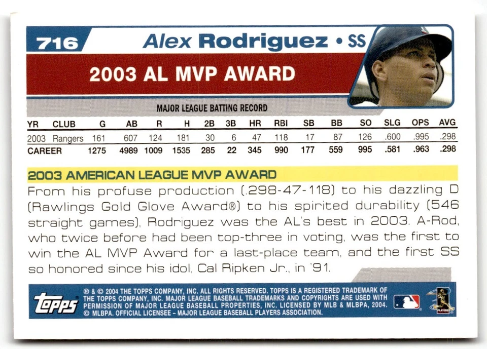 Alex Rodriguez 2004 Topps #716 Texas Rangers - Image 2 of 2