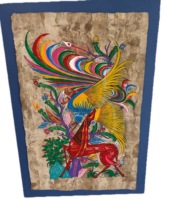 Vintage Mexican Folk Art Amate Bark Painting w/matboard Mexico Bird Deer Vibrant