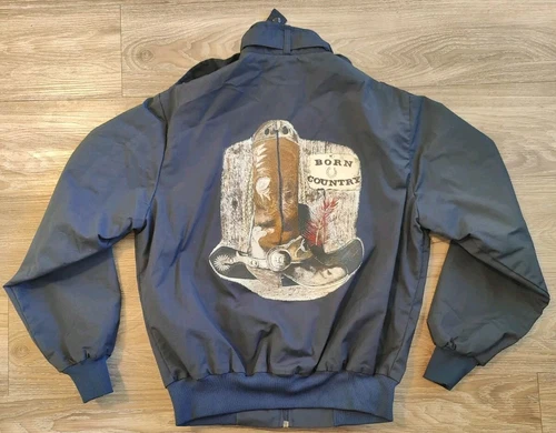 Vintage West Ark Jacket MEDIUM Cafe Racer Zip Up Navy "Born Country" 66815 EUC