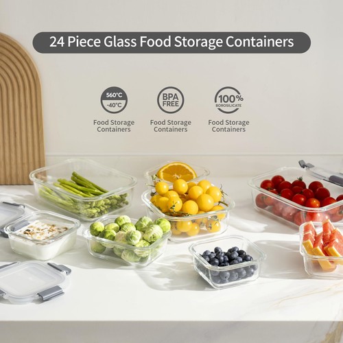 24 Pieces Glass Food Storage Containers with Lids Meal Prep Set Locking Airtight - Picture 3 of 8
