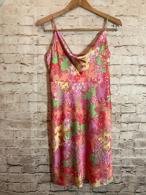 Adelyn Rae Slip Mini Dress Womens Medium Pink Retro Florals Satin Cowl Neck