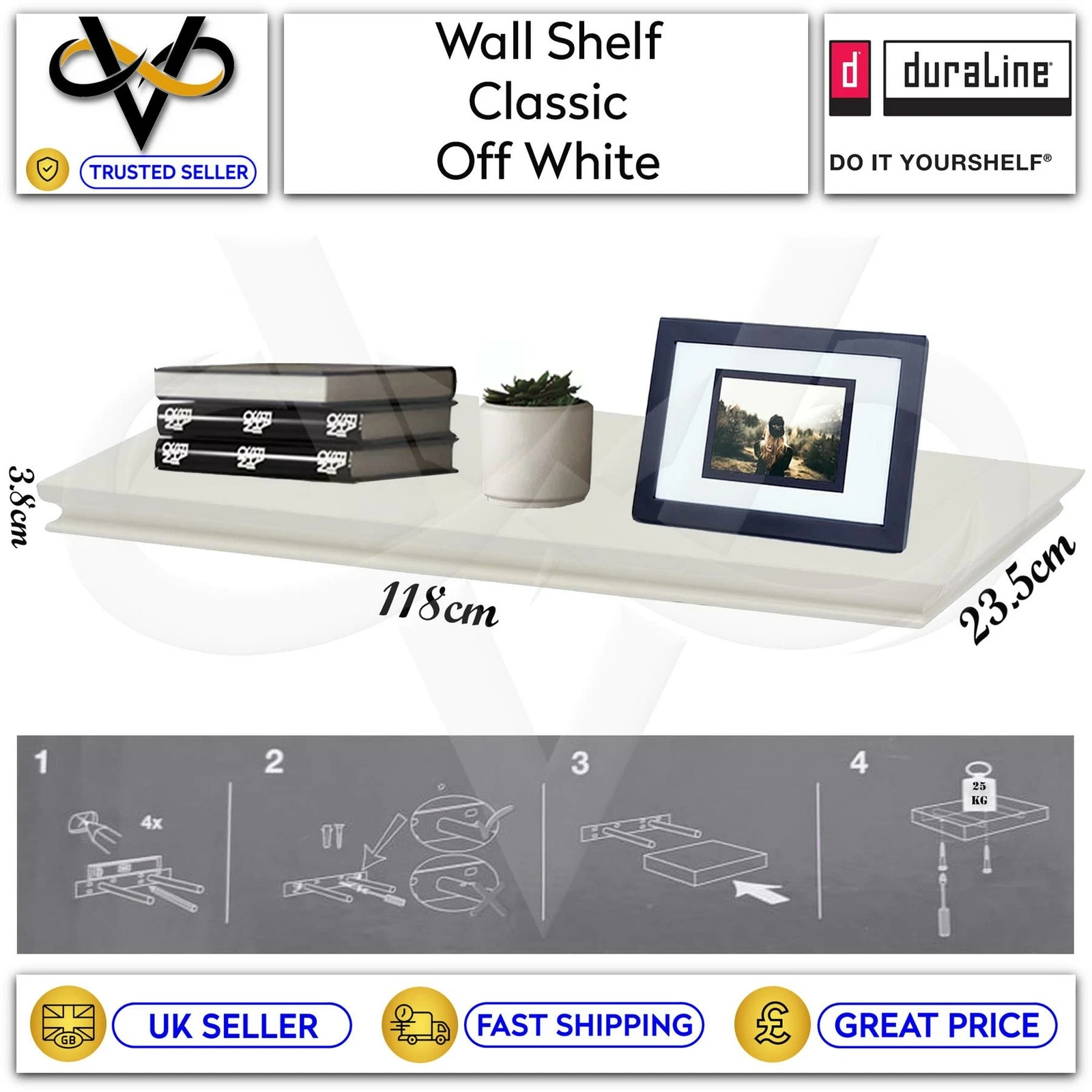 Duraline Floating Wall Shelf Classic Off White 25kg Hold Capacity 118 x 23.5cm