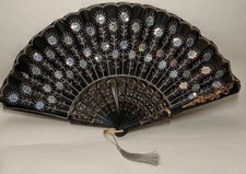 Peacock Fold Hand Fan Black Fabric Silver Embroidered Sequined Flowers