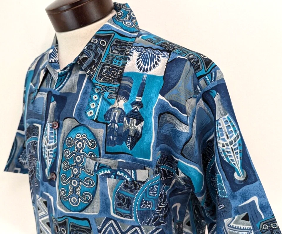 Camisa de vestir hawaiana vintage años 70 BAREFOOT IN PARADISE para hombre TRIBAL azul L ¡EXCELENTE ESTADO! * Foto 3 de 4