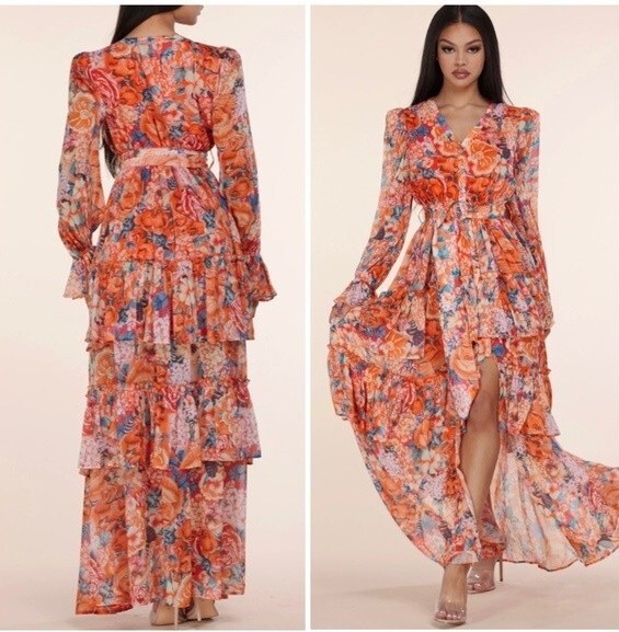 L'Atiste by Amy Maxi Dress Womens Small Gorgeous Orange Chiffon Ruffled  Tiers