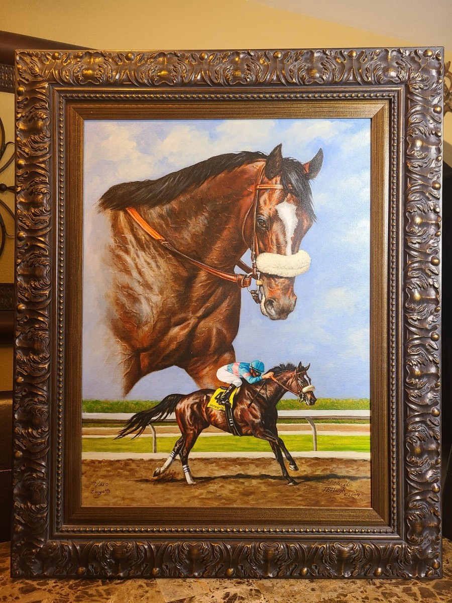 ZENYATTA Race Horse Framed Giclee 33x26 Print On Canvas signed