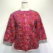 Chico  s 100 Silk Cerise Claret 3/4 Sleeve Jacket Whimsical Metallic Print 1/M