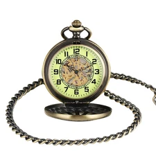 Luxury Classic Mens Pocket Watch Mechanical Black Steampunk Skeleton with Chain