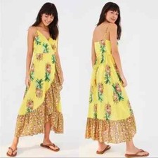 FARM RIO ANTHROPOLOGIE Yellow Golden Pineapple Floral Ruffle Maxi Wrap Dress S