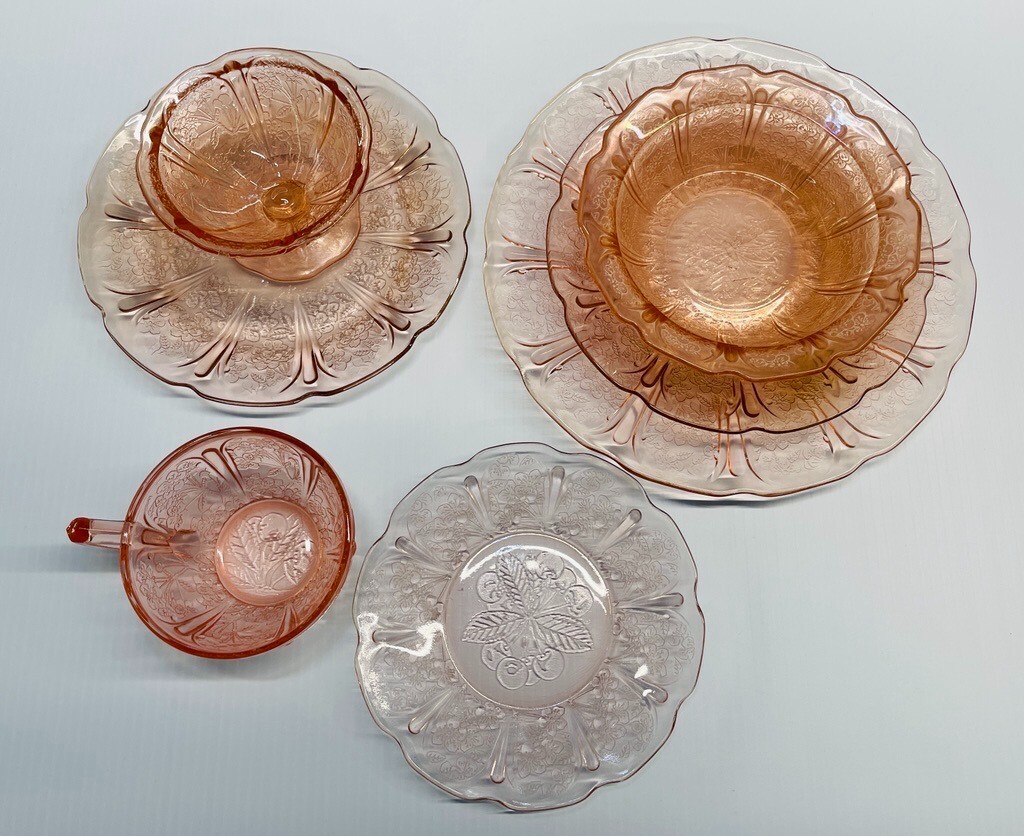 Vintage 1930s Cherry Blossom Depression Glass Dinnerware Set with Children's Pieces