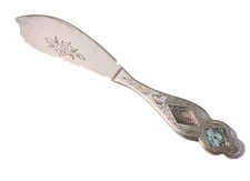 Vintage Fancy Silver Plate & Abalone Large Master Butter Spreader Mono'd Mother