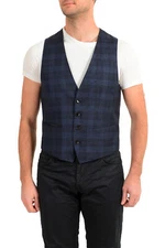 Hugo Boss Men's "Huge6 Weste" Slim Fit Blue Plaid 100% Wool Button Down Vest