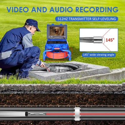 Sewer Camera 98ft Pipe Inspection Camera 512hz Self-leveling W/ Meter Counter