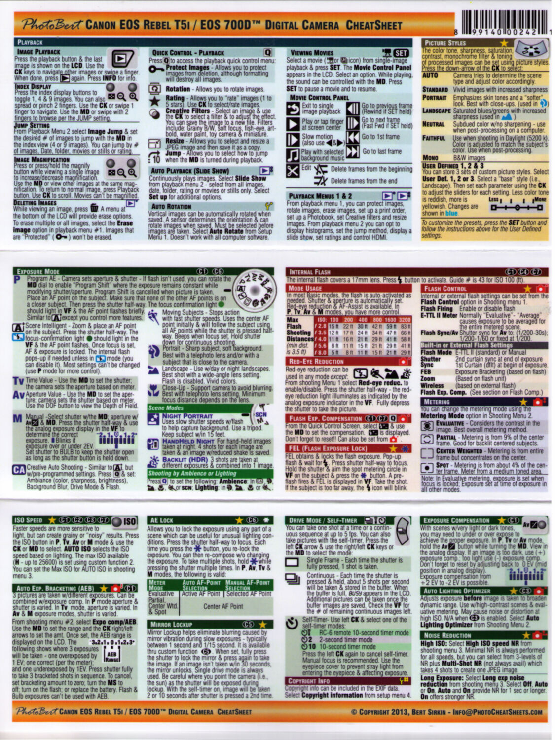 Canon EOS Rebel T5i (700D) CheatSheet cung cấp cho bạn một bản tổng quan về tất cả các lệnh, chức năng và cài đặt của máy ảnh này. Với sự giúp đỡ từ tờ hướng dẫn này, bạn sẽ có thể tận dụng được tối đa khả năng của máy ảnh và chụp các bức ảnh đẹp nhất. 