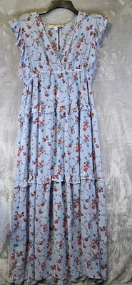 Emma Michele Maxi Prairie Dress Ruffled Tiered Blue Floral Slip Liner M Cottage
