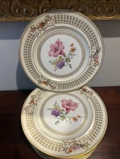 10 Heinrich & Co Selb Bavaria Gold & Flowers Dresden Dinner Plates 10.75”