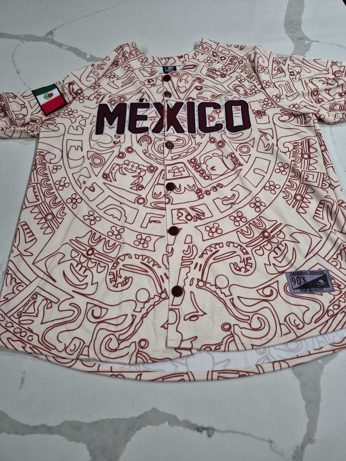 NWT Mexico Aztec Calendar Burgundy Unisex Baseball Jersey Size Adult 2XL Fits XL