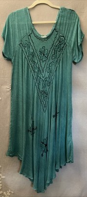 House Dress Moo Moo One Size Green Boho Asymmetric Hem Beach Coastal Grandma