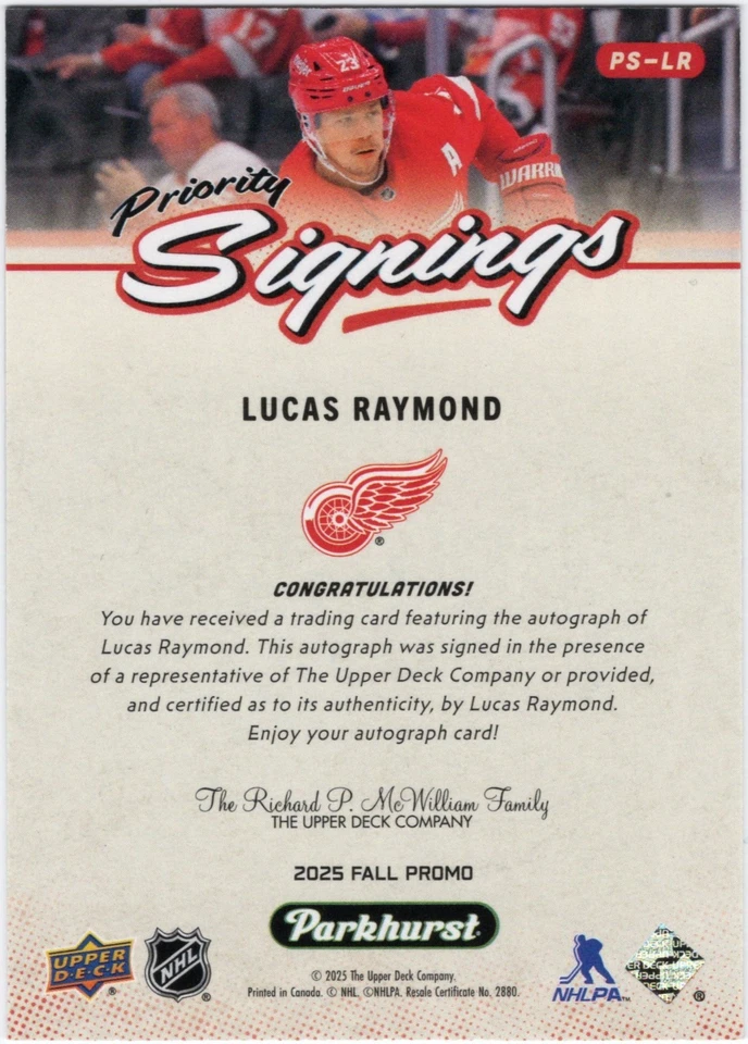 2025 UD Parkhurst Priority Signings LUCAS RAYMOND Autograph 04/30 Fall Expo - Image 2 of 2