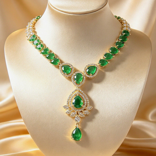 Green Crystal Gold Plated Set Necklace Earrings Bracelet