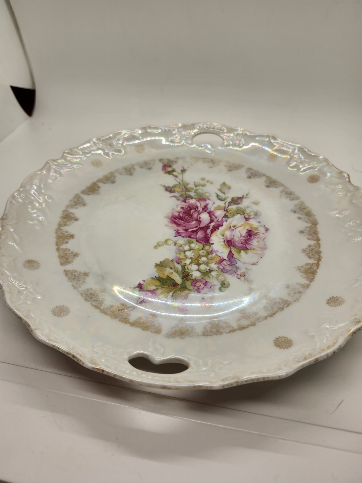 Antique CAKE PLATE - PINK PEACH ROSES THREE CROWN CHINA Germany Porcelain VTG
