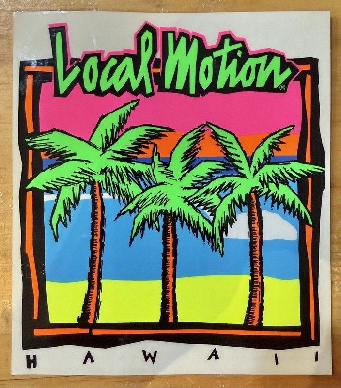 LOCAL MOTION Hawaii Neon Rainbow Sunset Trees 80s Vintage Surfing STICKER 5x5.5”