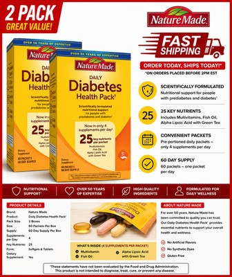 2PACK Nature Made Daily DIABETIC Health Pack 60 Packets 60 Day Supply